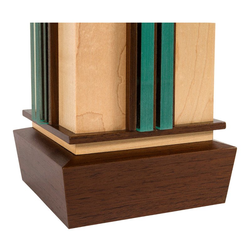 Close-up of a custom wooden lamp base.