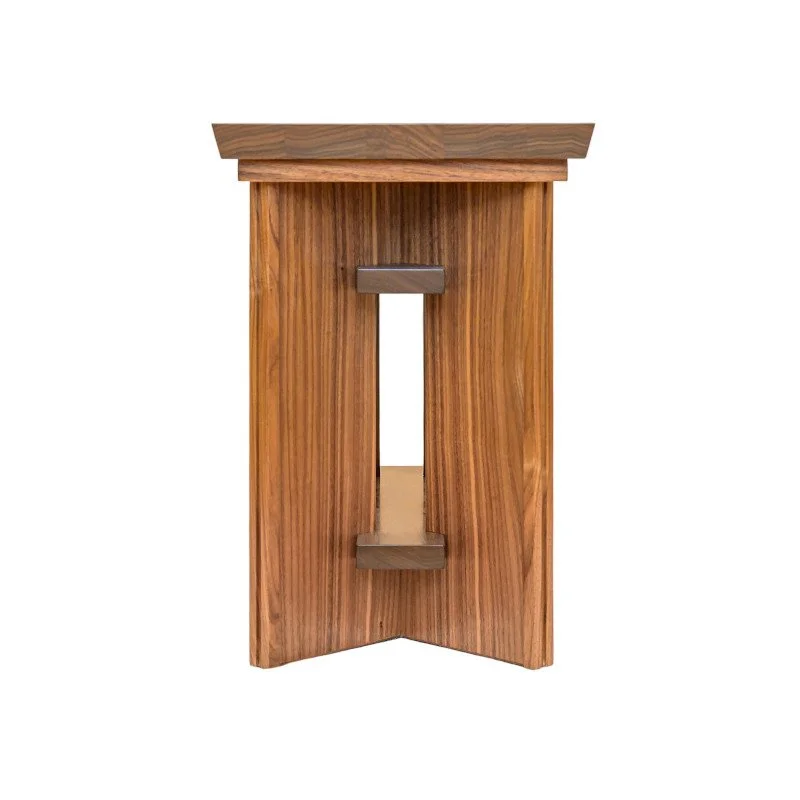 Wooden table with a rectangular top and a support frame in the center, against a white background.