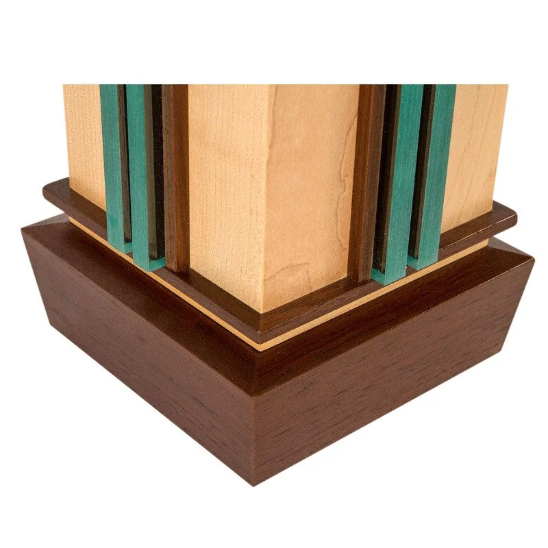Close-up of a custom wooden lamp base.