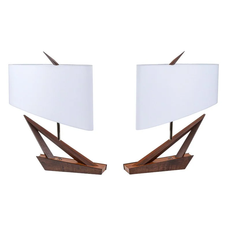 Pair of modern table lamps with wooden bases and white rectangular shades.