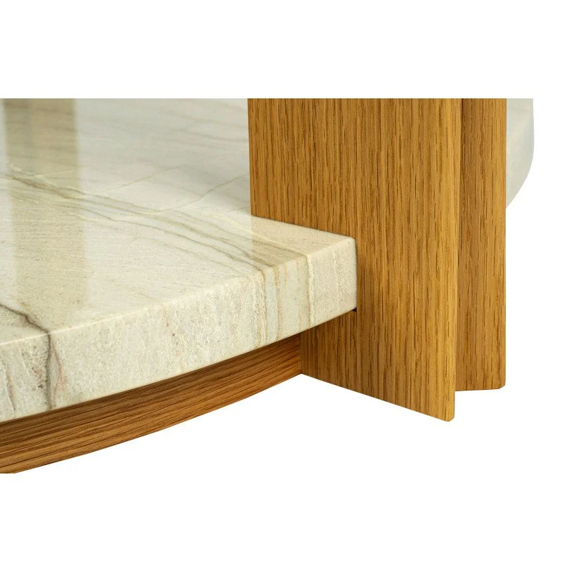 Close-up of a corner of a table with a stone floor and wooden sides.