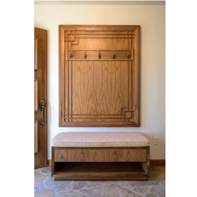 Custom made mid-century modern coat rack with bench made with walnut.
