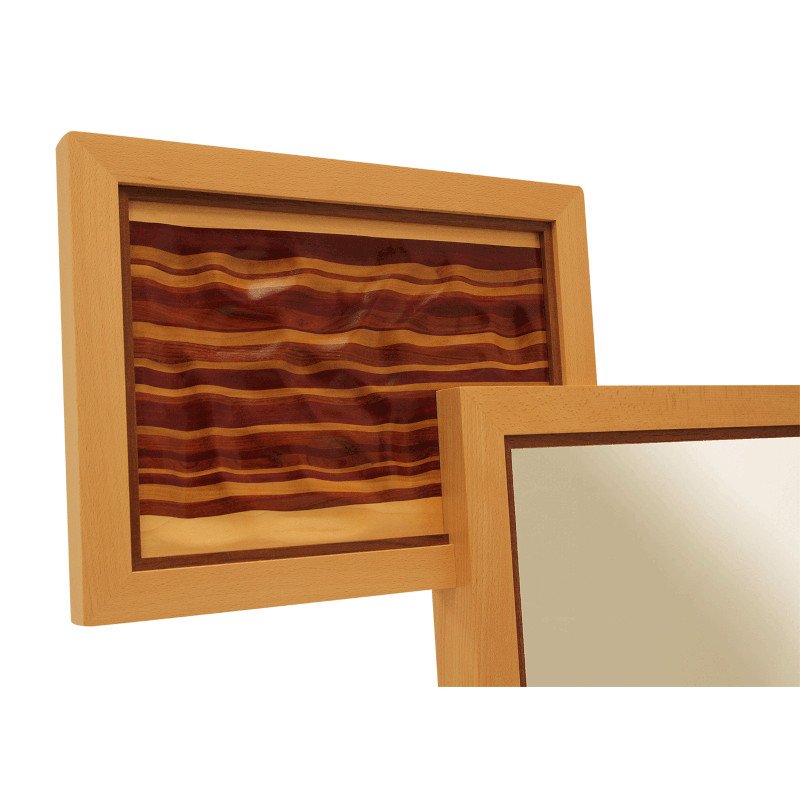Two wooden picture frames, one with a striped wood pattern, and the other with a mirror, against a white background.