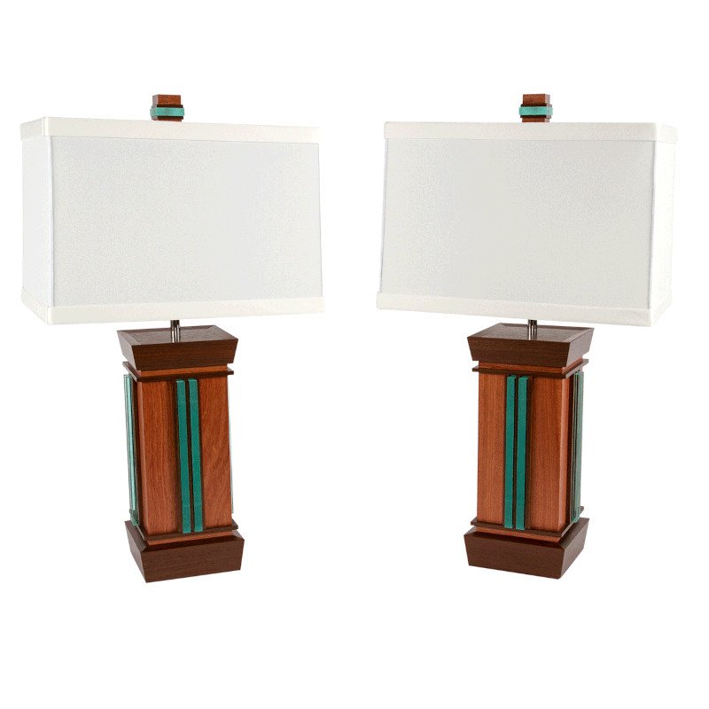 Two table lamps with rectangular white shades and wooden bases.