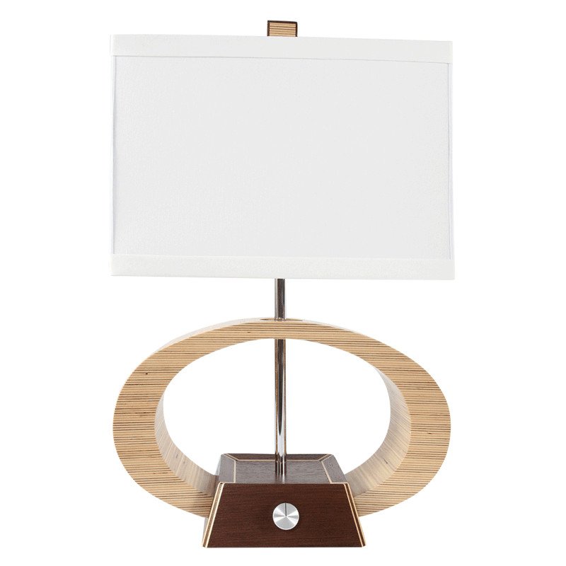 Modern table lamp with a white rectangular shade, a circular wooden base, and a small metal power switch knob.