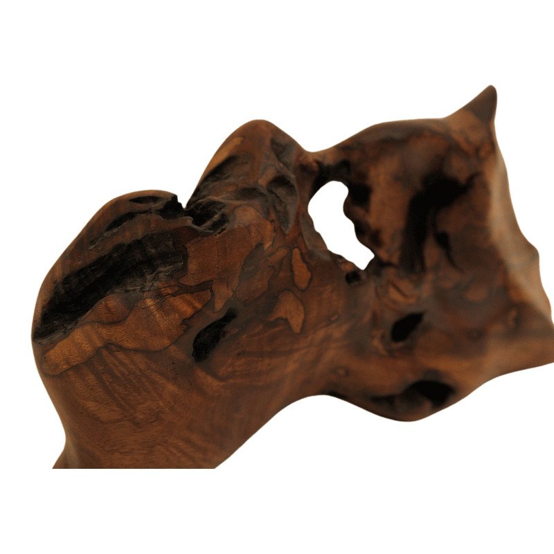 A close-up of a carved wooden sculpture with intricate natural patterns and holes.