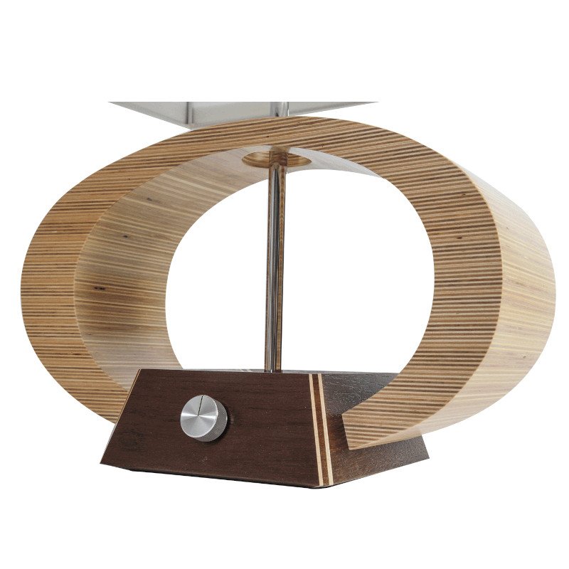 Modern wooden decorative lamp with an oval shape and metallic accents.