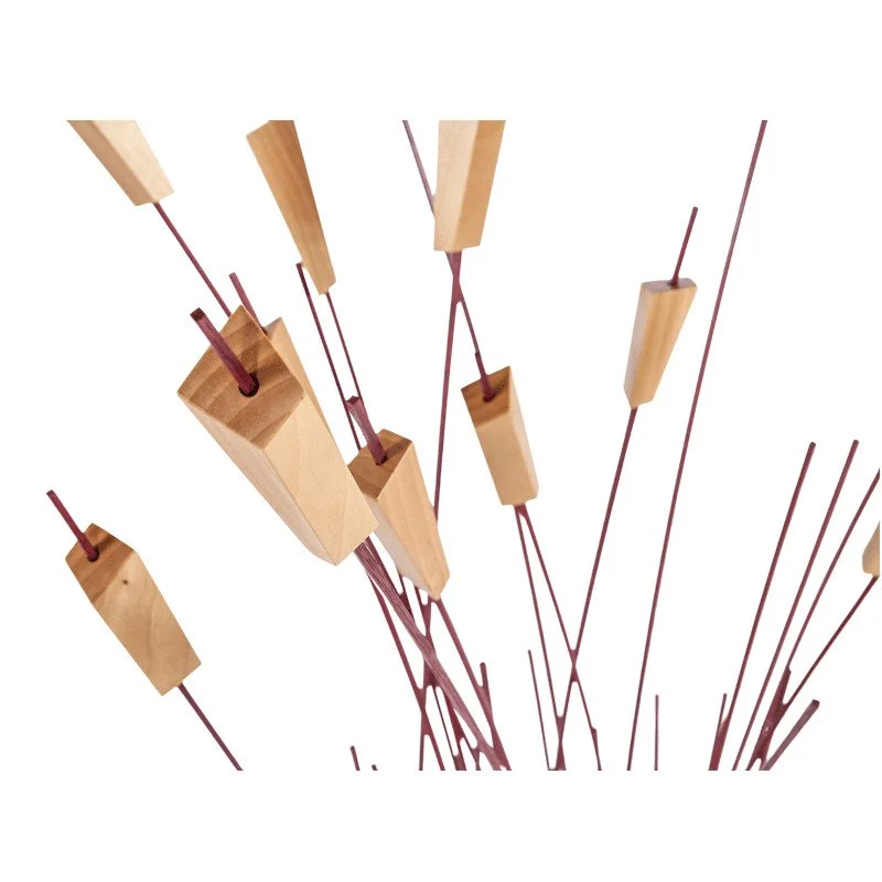 Close-up of an abstract sculpture made of wooden blocks and thin wood rods.