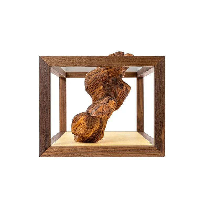 A wooden sculpture of an abstract, flowing form inside a wooden frame with a light-colored base.