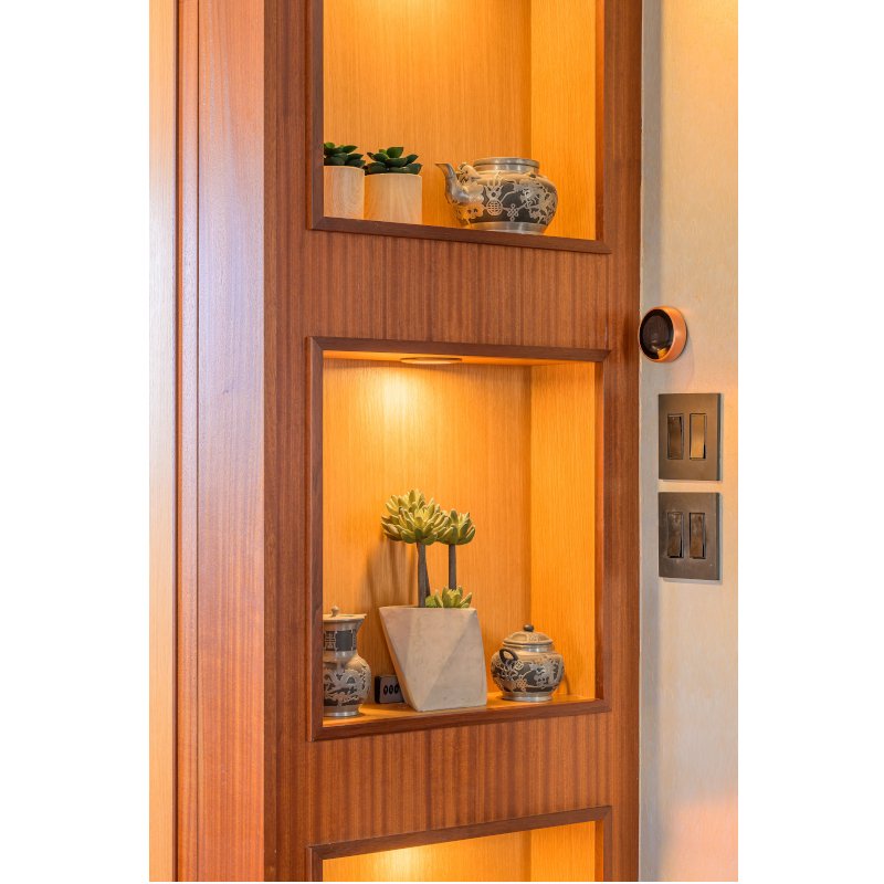 Decorative wall cabinet with two illuminated shelves containing potted plants and pottery vases.