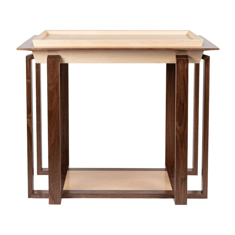 Wooden table with a rectangular tray on top