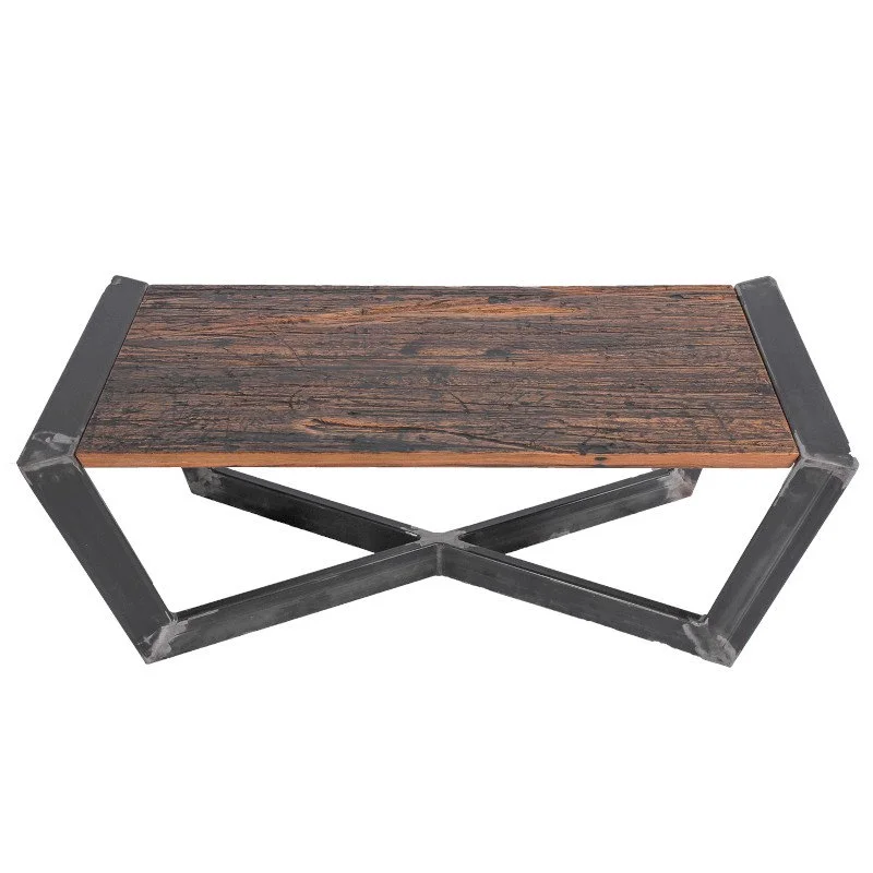 A rectangular coffee table with a rustic wooden top and black metal geometric frame.