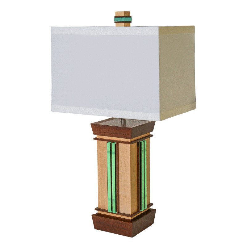 A unique table lamp with a wooden base and a large white lampshade.