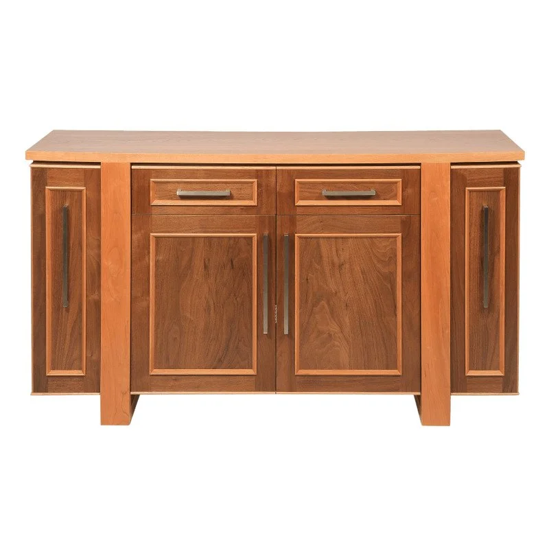 A wooden sideboard with two central doors, two drawers above, and additional doors on both sides.