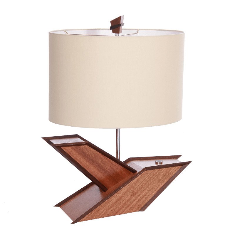 Mid-century modern wood and metal table lamp with beige drum shade and geometric base.