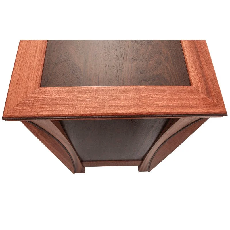 A top view of an exotic hardwood custom made credenza.