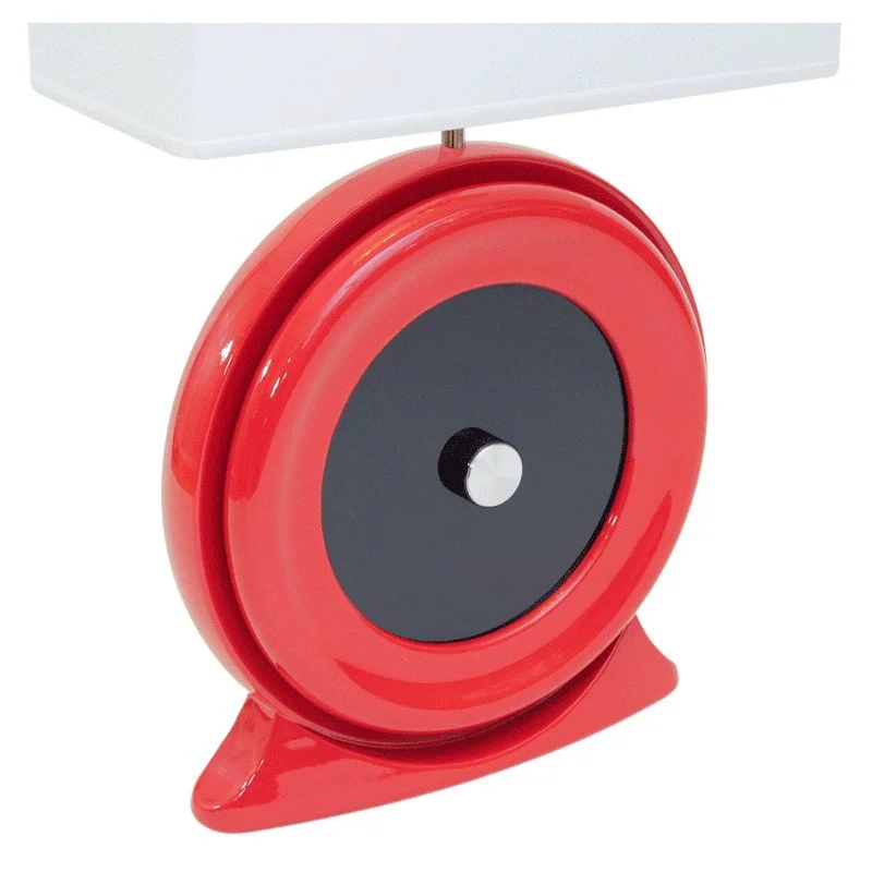 Close-up of a modern custom lamp with red automotive paint, black glass, and a metal power switch.