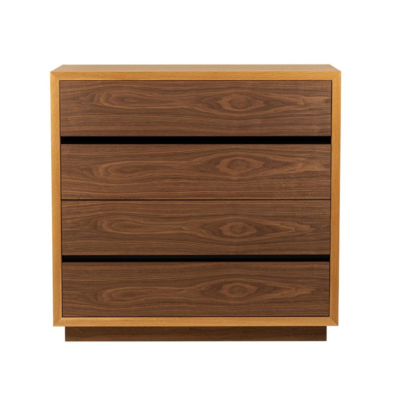 A wooden dresser with four drawers, featuring a natural wood finish.