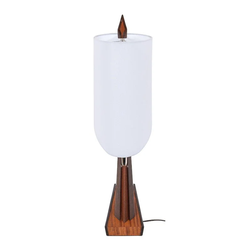 A custom mid-century modern table lamp with a white shade, a wooden base, and a dark brown decorative finial on top.