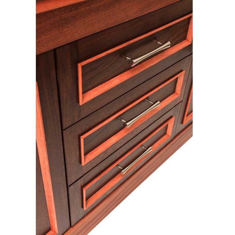 Close-up of a drawer bank on a custom made exotic hardwood credenza.