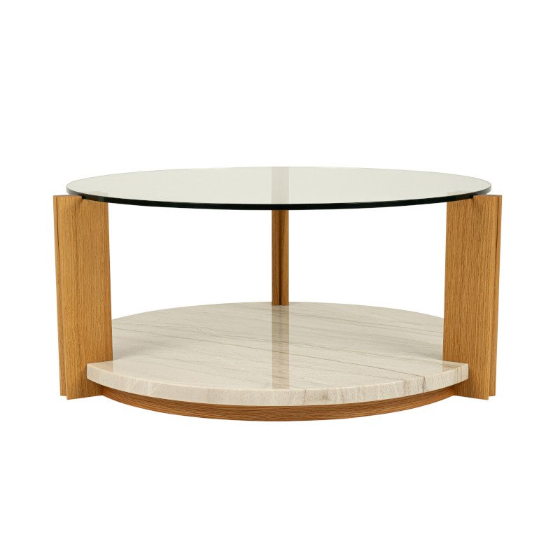 A modern coffee table with a round glass top, wooden support structure, and a lower marble floor.