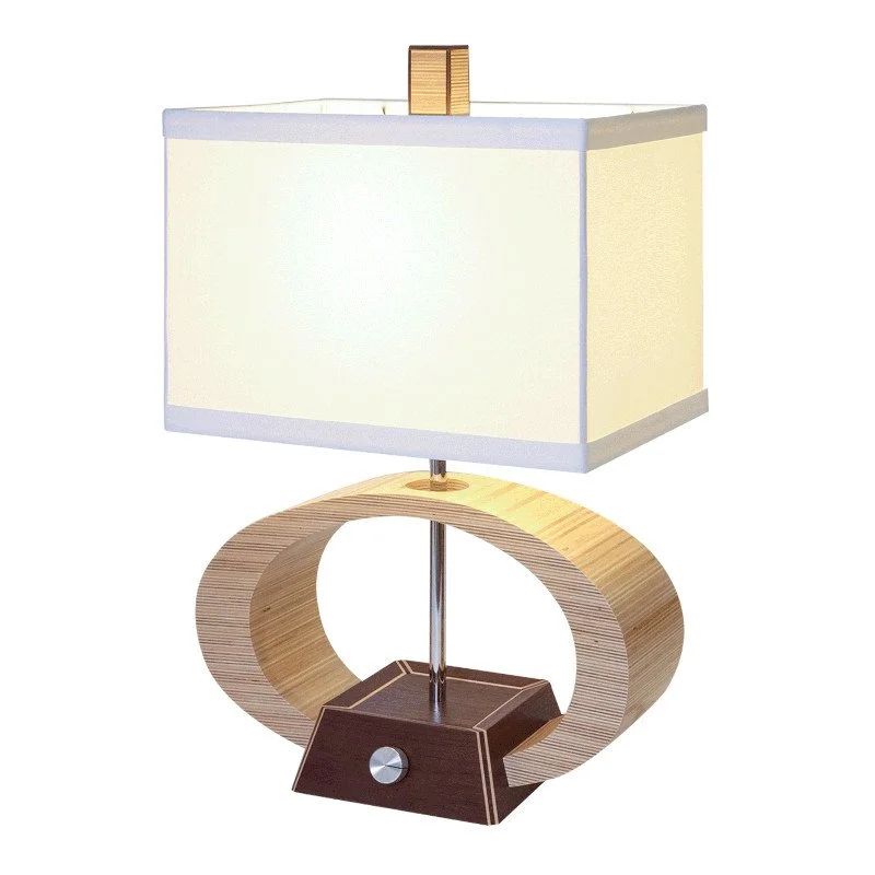 Modern table lamp with a wooden oval base, metal post, and rectangular fabric lampshade