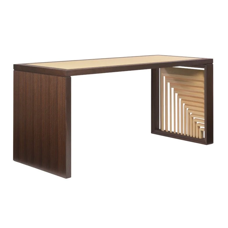 A modern wooden desk with a decorative side panel featuring a geometric pattern of wooden slats.