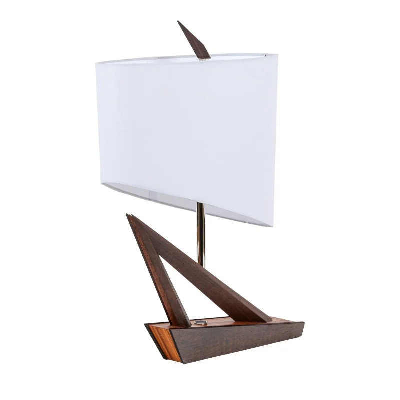A modern table lamp with a boat-themed wooden base, metal accents, and a rectangular white lampshade.