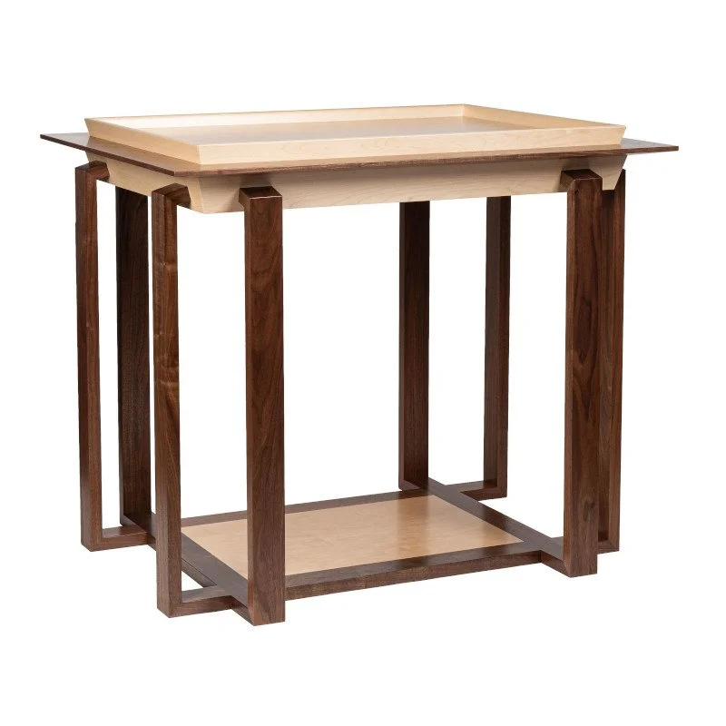 A wooden display table with a tray on top, designed for displaying or serving items.