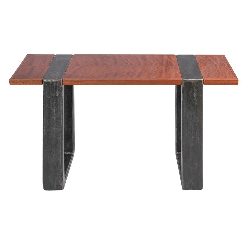 Wooden and metal table with a reddish brown top and black legs.