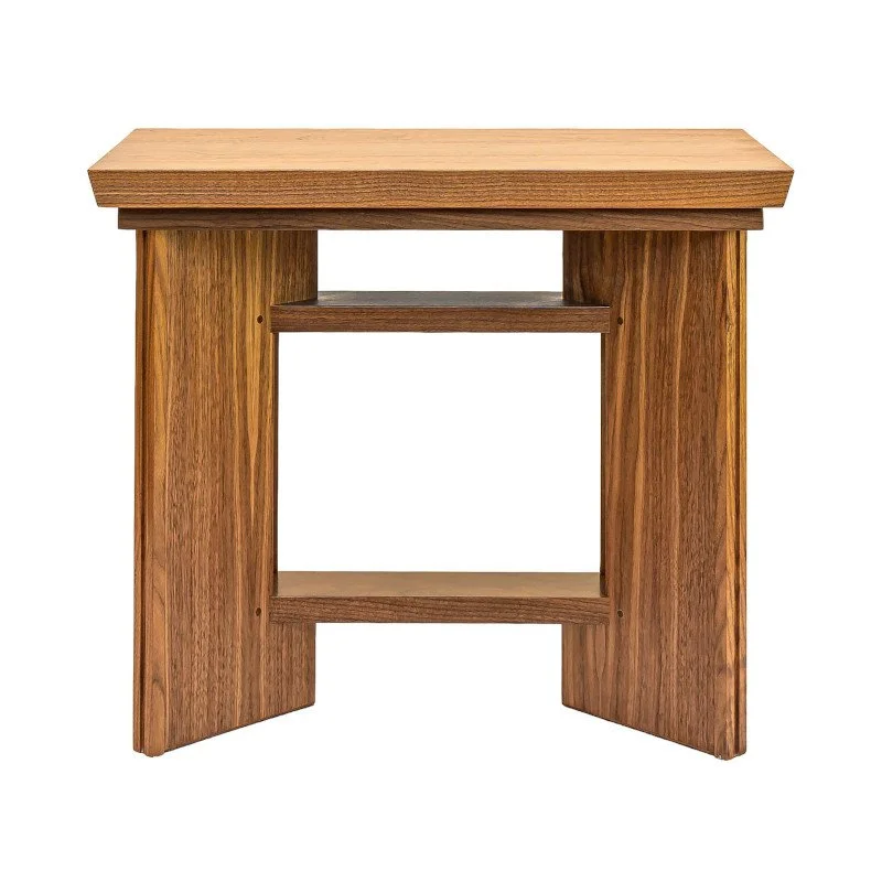 A wooden side table with a flat top surface, two shelves underneath, and a natural wood finish.