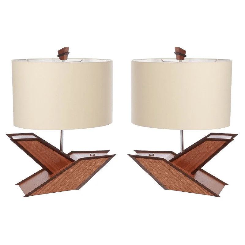 Custom made Bird of Paradise Lamps in sapele wood and peruvian walnut with oval lamp shade