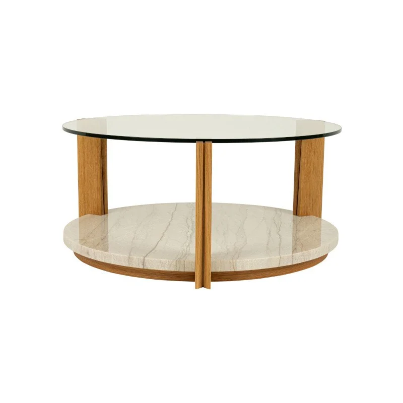 A modern circle coffee table with a glass top, wooden supports, and a marble floor.