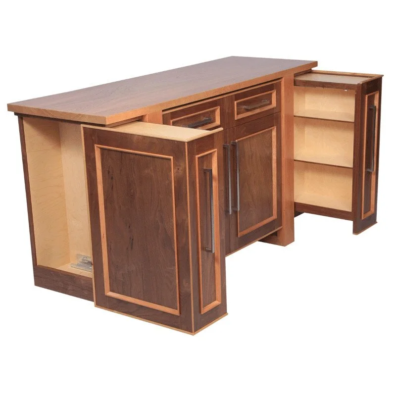 Wooden cabinet with open doors showing shelves inside and a flat top surface.