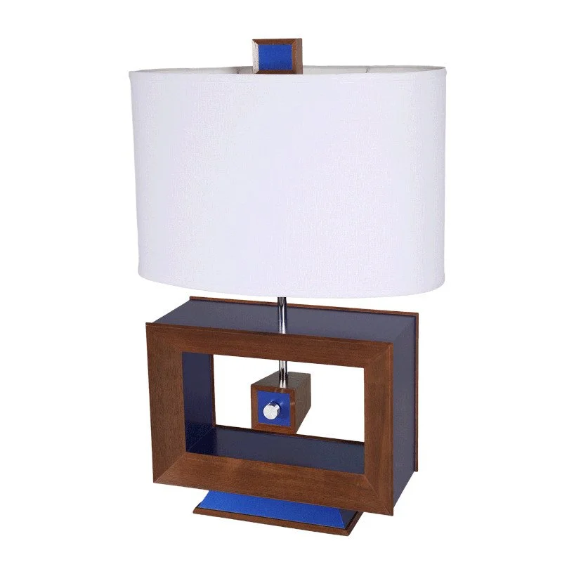 A modern table lamp with a rectangular wooden frame, a white lampshade, and blue accents on the finial and base.