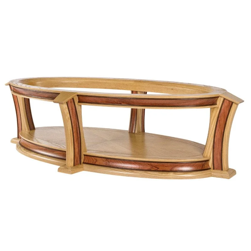 Custom oval coffee table with different wood species.