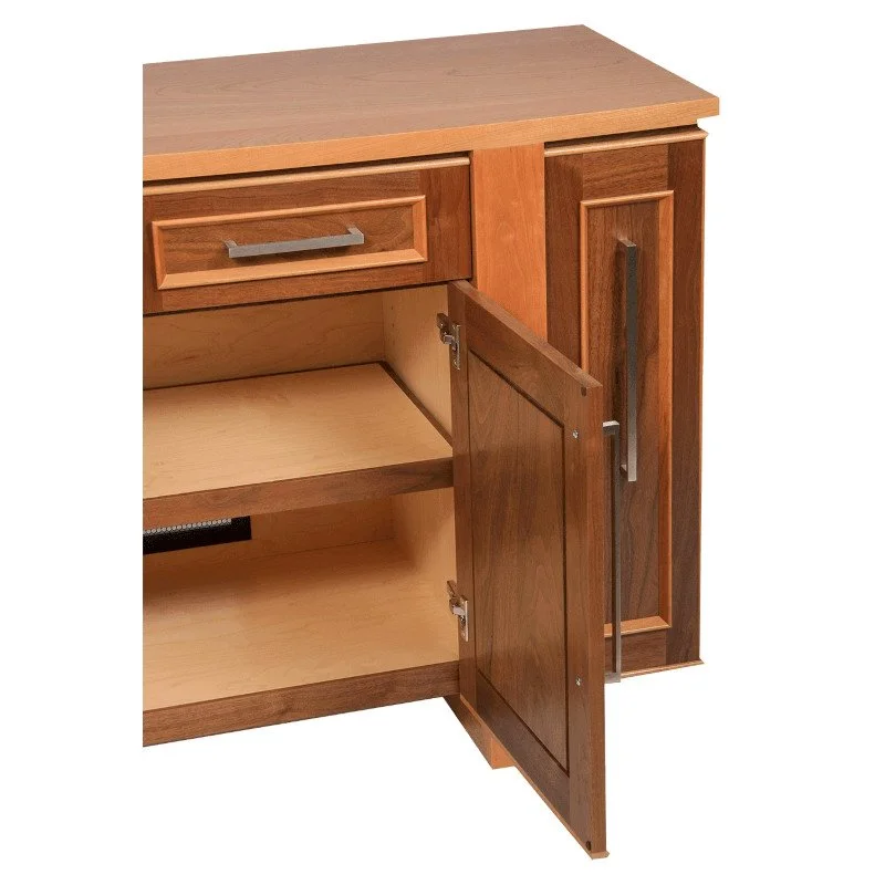 Wooden cabinet with a drawer at the top, two shelves inside, and a door on the right side.