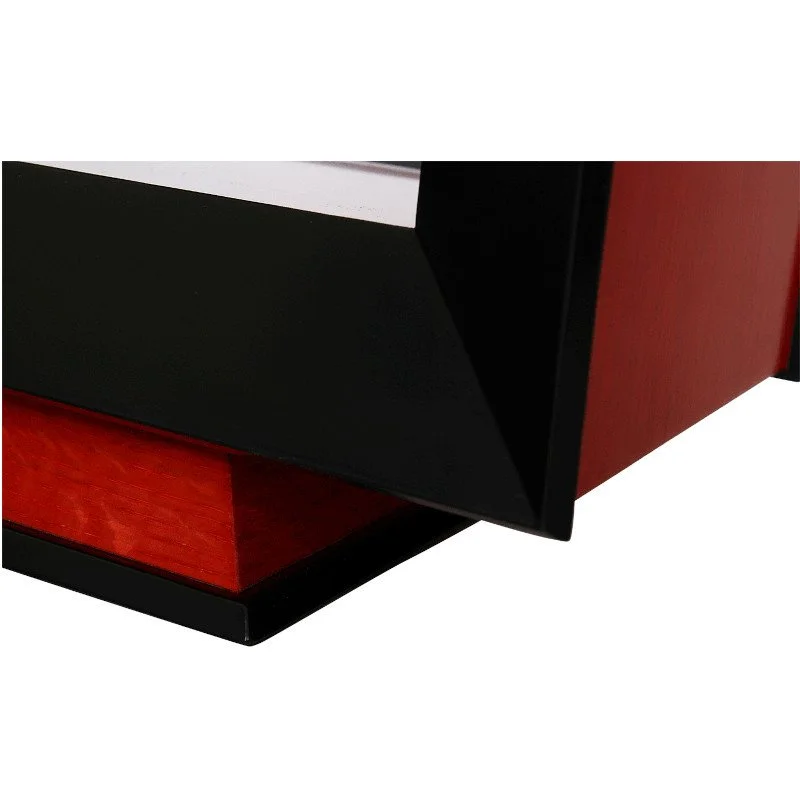 Close-up of a modern black and red wooden lamp.