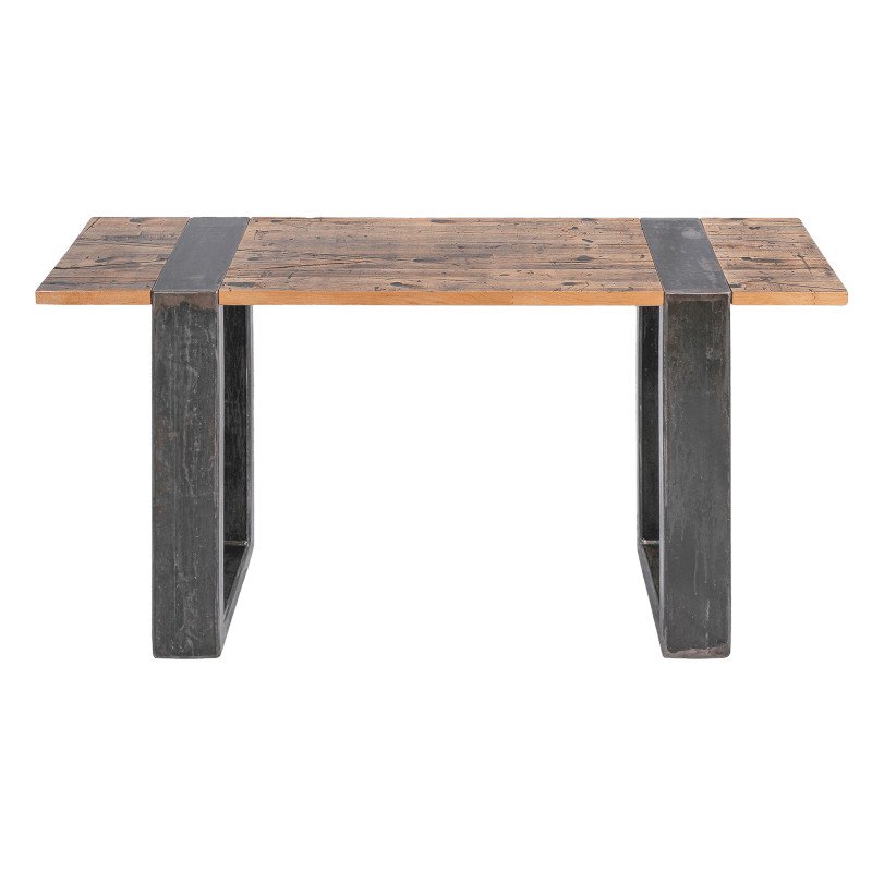 A wooden tabletop with a metal frame and legs, designed as a modern industrial-style table.