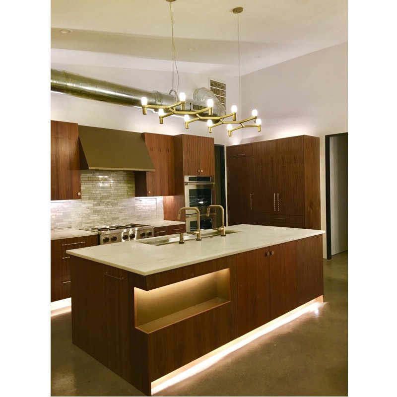 Modern walnut kitchen with island display nook