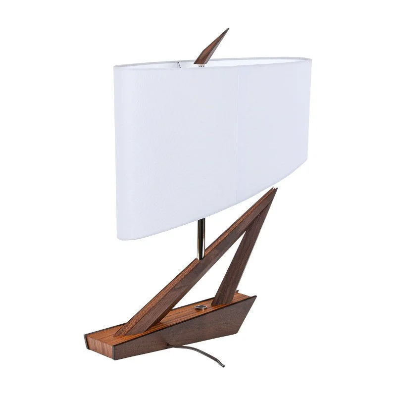 A marine-themed table lamp with a nautical boat-shaped wooden base, a metal mast, and a white rectangular lampshade.