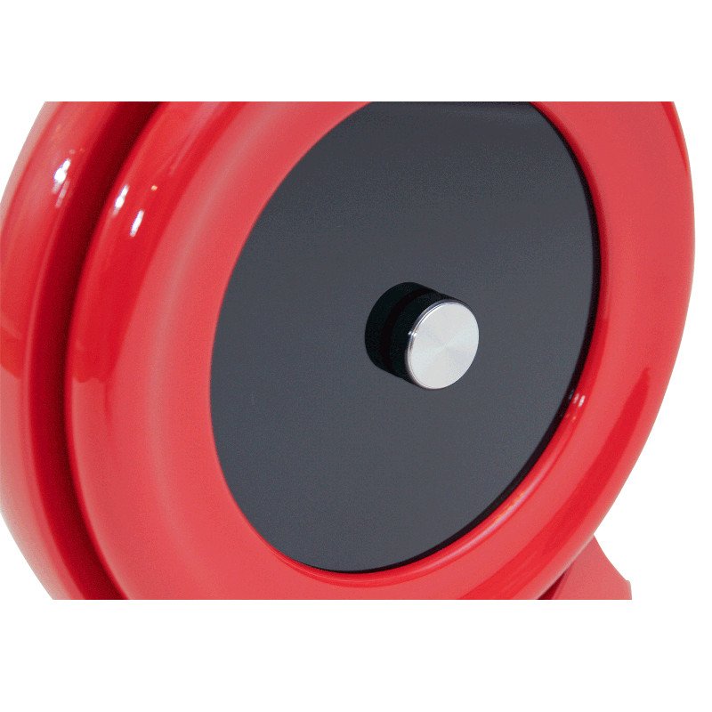 Close-up of a power switch on a modern custom lamp with red automotive paint and black glass.