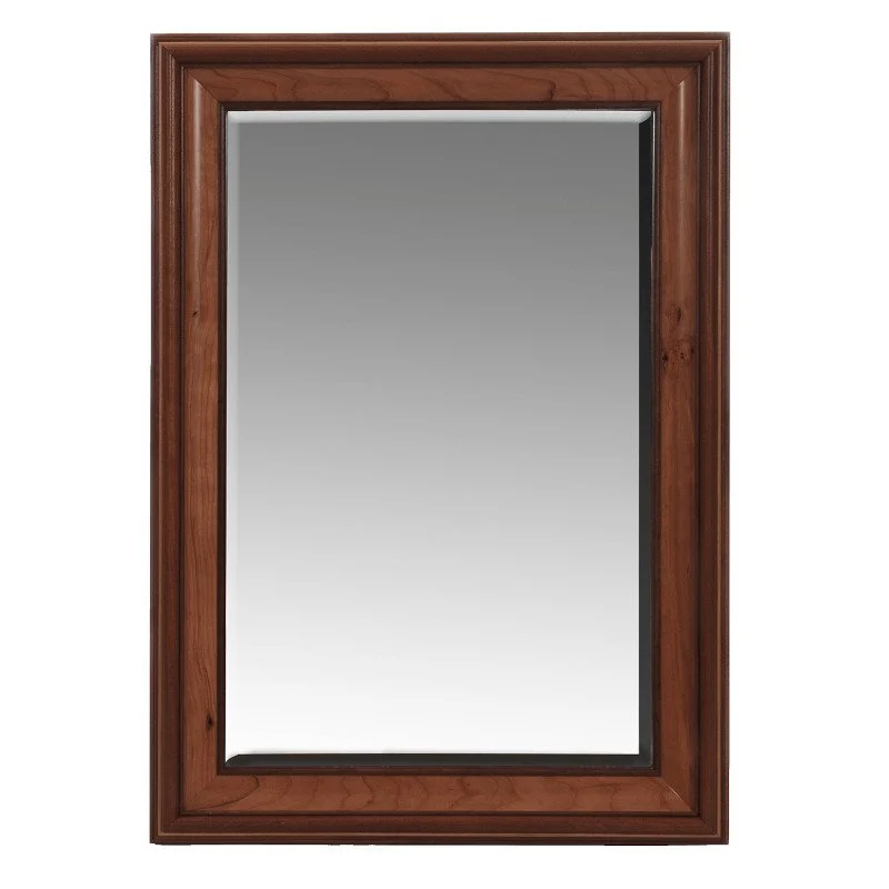 A rectangular wall mirror with an exotic wooden frame.