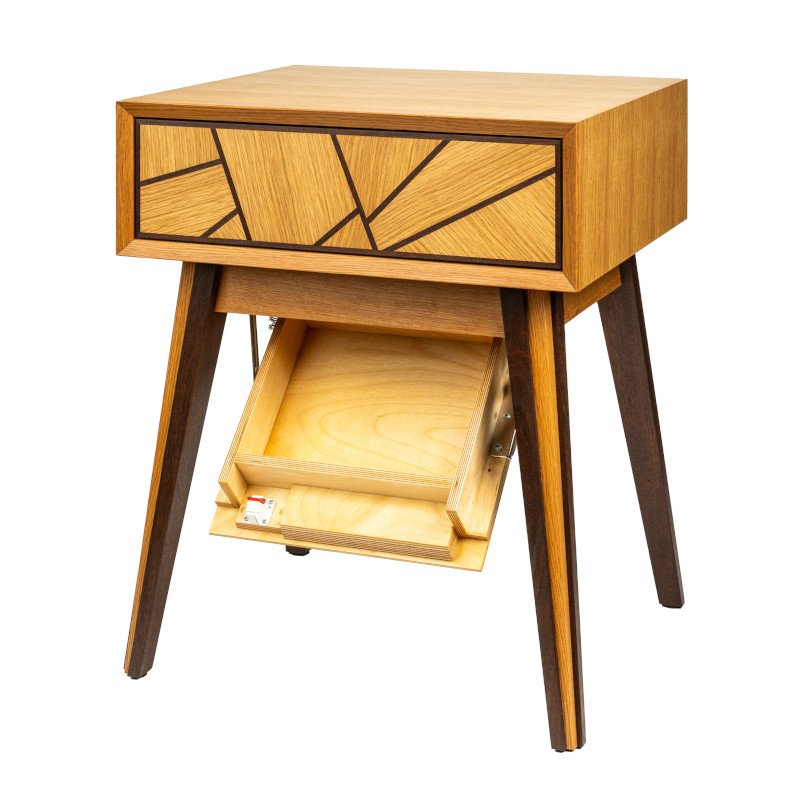 A mid-century modern wooden nightstand with a geometric pattern on the drawer front, four angled legs, and an open lower compartment.