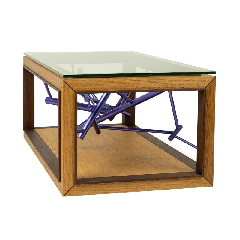 A modern coffee table with a glass top, wooden frame, and an artistic purple art sculpture underneath.