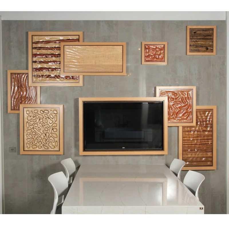 Custom wood art display wall with exotic hardwoods and modern frames.
