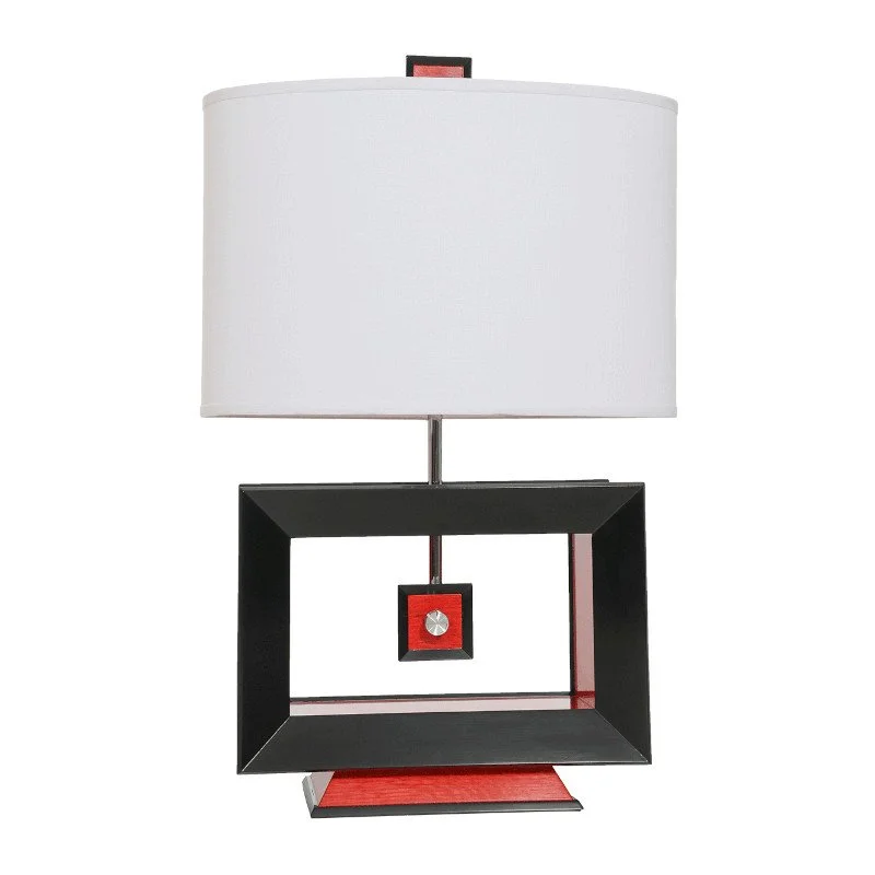 Modern table lamp with a black rectangular frame, red accents, and a white fabric lampshade.
