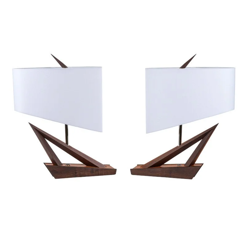 Pair of modern table lamps with wooden bases and white rectangular lampshades