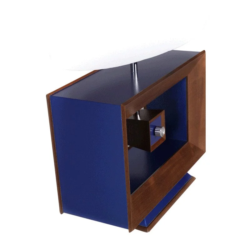 A modern, minimalist wooden and blue side table with a floating power switch.