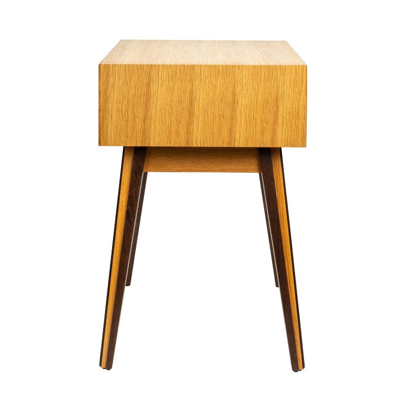 A wooden side table with four legs and a single drawer on a white background.
